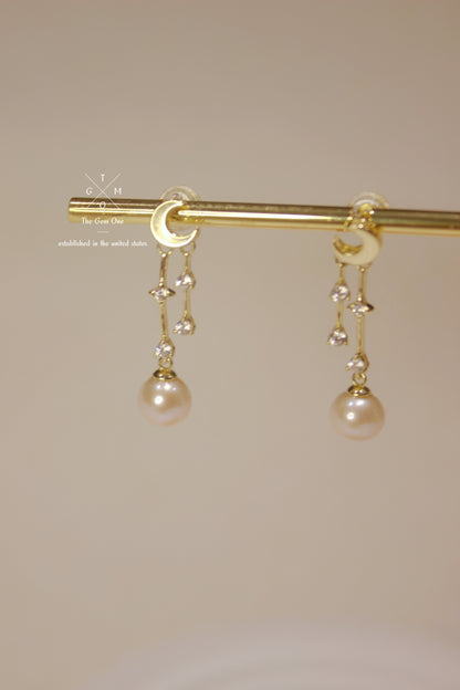 Celestial Freshwater Pearl Drop Earrings with Moon and Star Accents